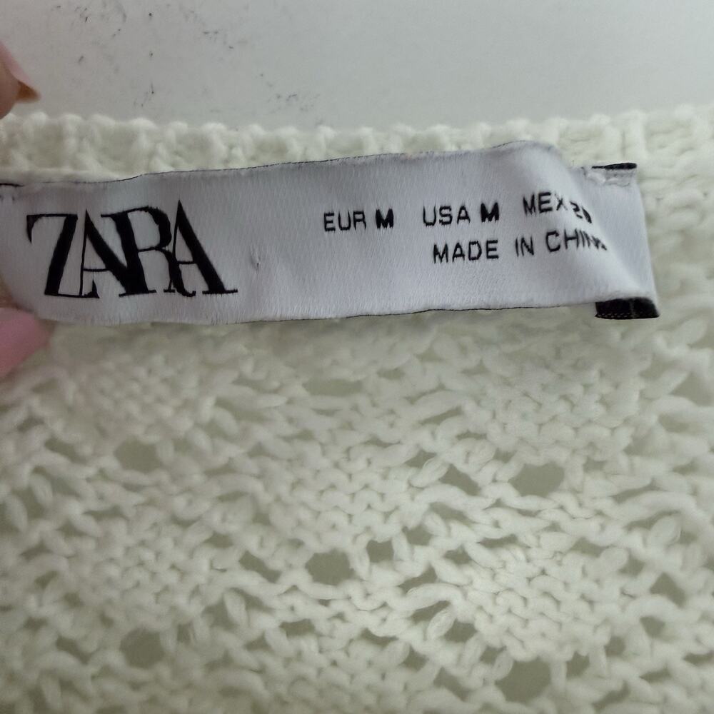 ZARA Pointelle Open knit top Tie Front Size M Crochet Elastic Puff Sleeves - Picture 5 of 7